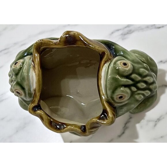 Vintage Majolica Frog Art Pottery Planter Ashtray Water Lily Green - Picture 6 of 7